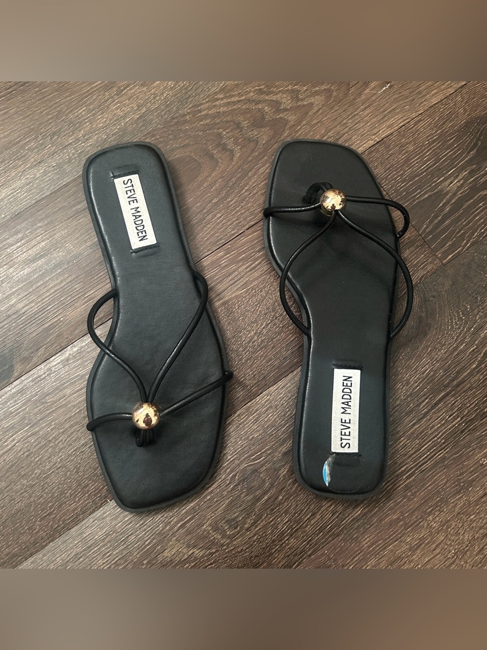 Steve Madden Black Bermuda Strappy Toe-Ring Sandals with Gold Accent Ball